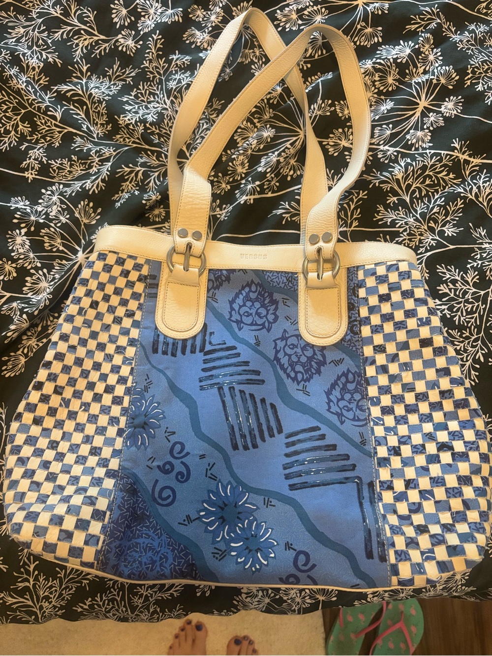 Versus By Versace Blue Patterned Shoulder Tote with Cream Straps